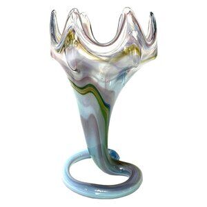 Handblown Art Glass Vase Unique Makeup Brush Pencil Holder Blue MCM Retro